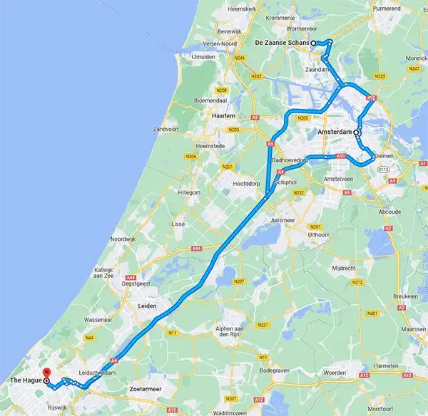 route from hague to zaanse schans