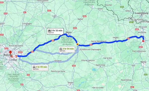 route from Metz to Paris